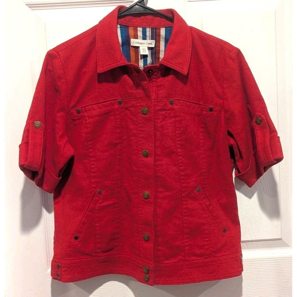 Coastal Boho Quiet Luxury Linen Utility Jacket Red Roll Tab Coldwater Creek 12P